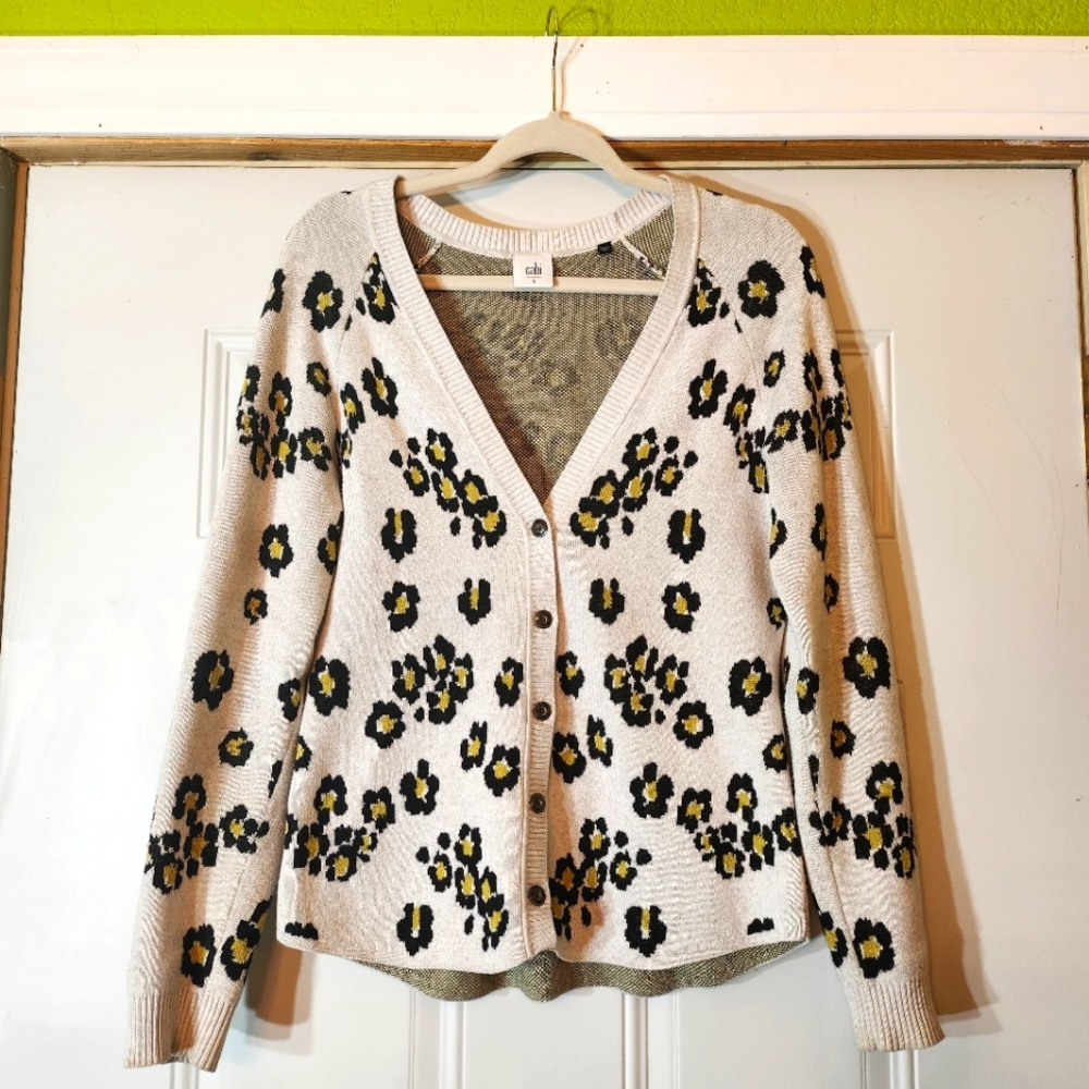 CAbi Cream Cardigan with Black and Yellow Floral Pattern